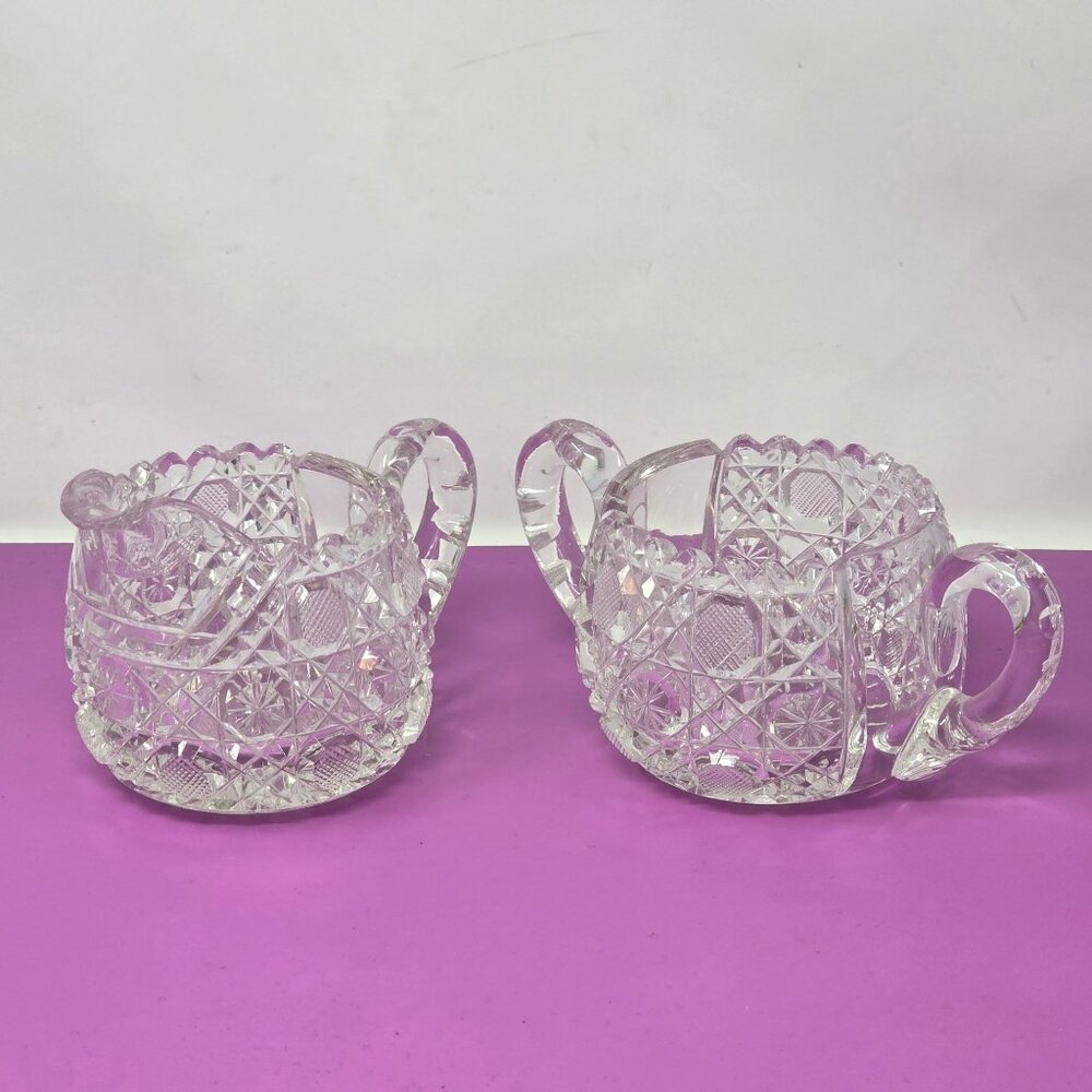 Vintage Glass Creamer Sugar Bowl With Intricate Diamond Starburst‎ Pattern